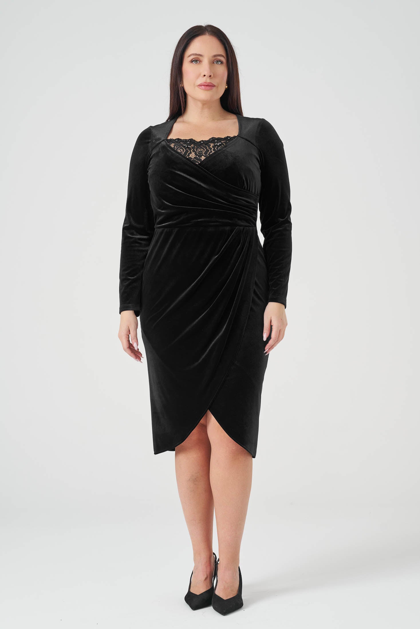 Yakası Dantelli Kruvaze Kadife Elbise Siyah
