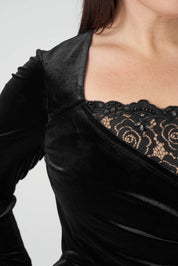 Yakası Dantelli Kruvaze Kadife Elbise Siyah