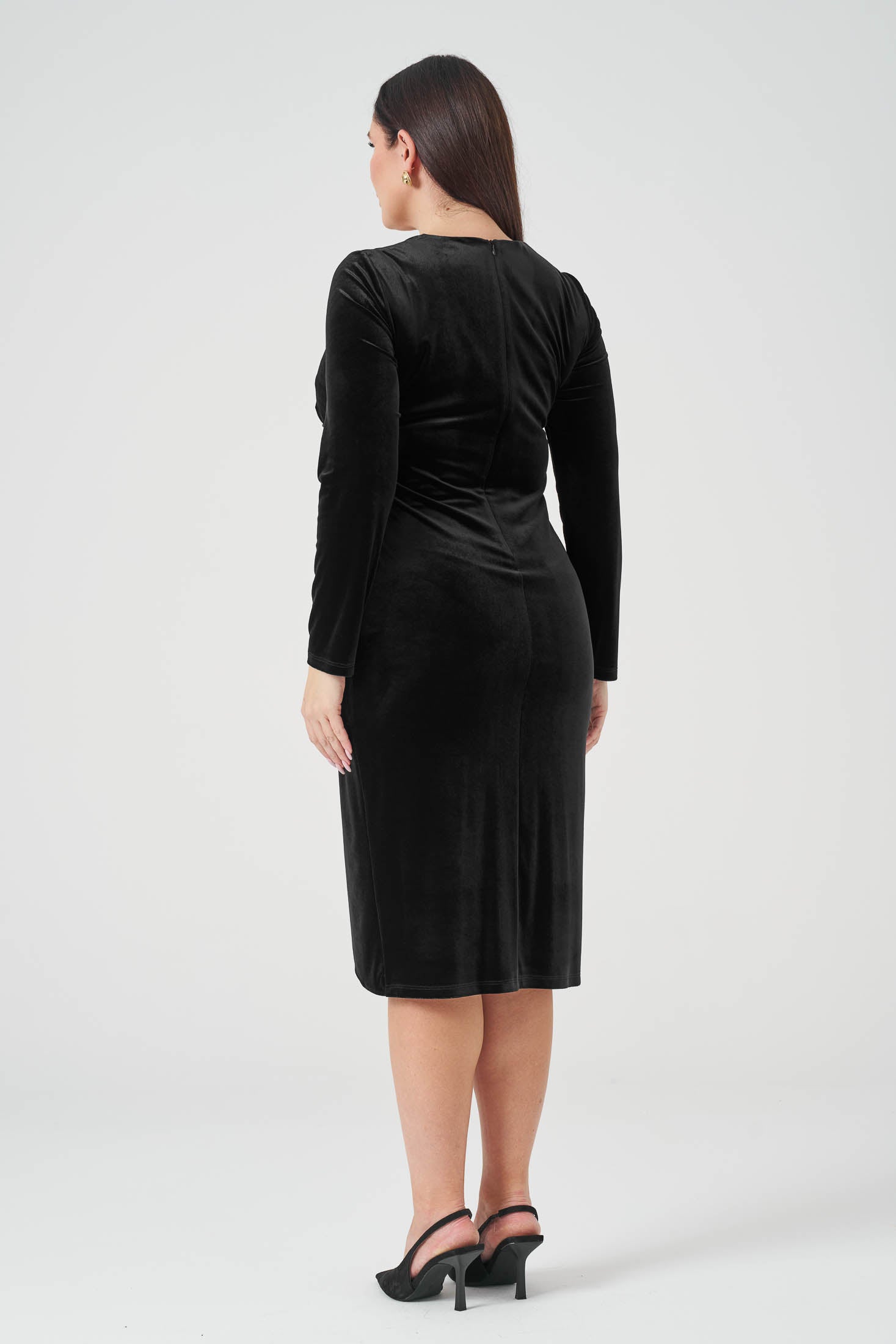 Yakası Dantelli Kruvaze Kadife Elbise Siyah