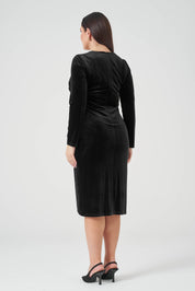 Yakası Dantelli Kruvaze Kadife Elbise Siyah