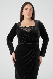 Yakası Dantelli Kruvaze Kadife Elbise Siyah