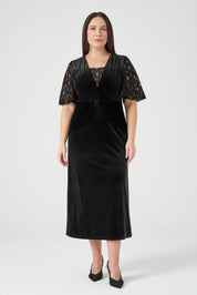 Kolları Dantelli Maxi Boy Kadife Elbise Siyah