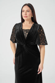 Kolları Dantelli Maxi Boy Kadife Elbise Siyah