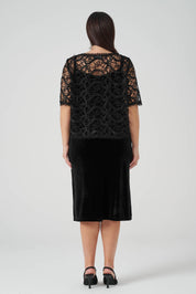 Güpür Bluzlu Kadife Elbiseli Takım Siyah