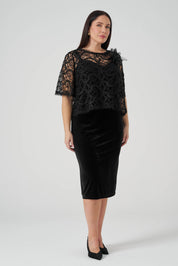 Güpür Bluzlu Kadife Elbiseli Takım Siyah