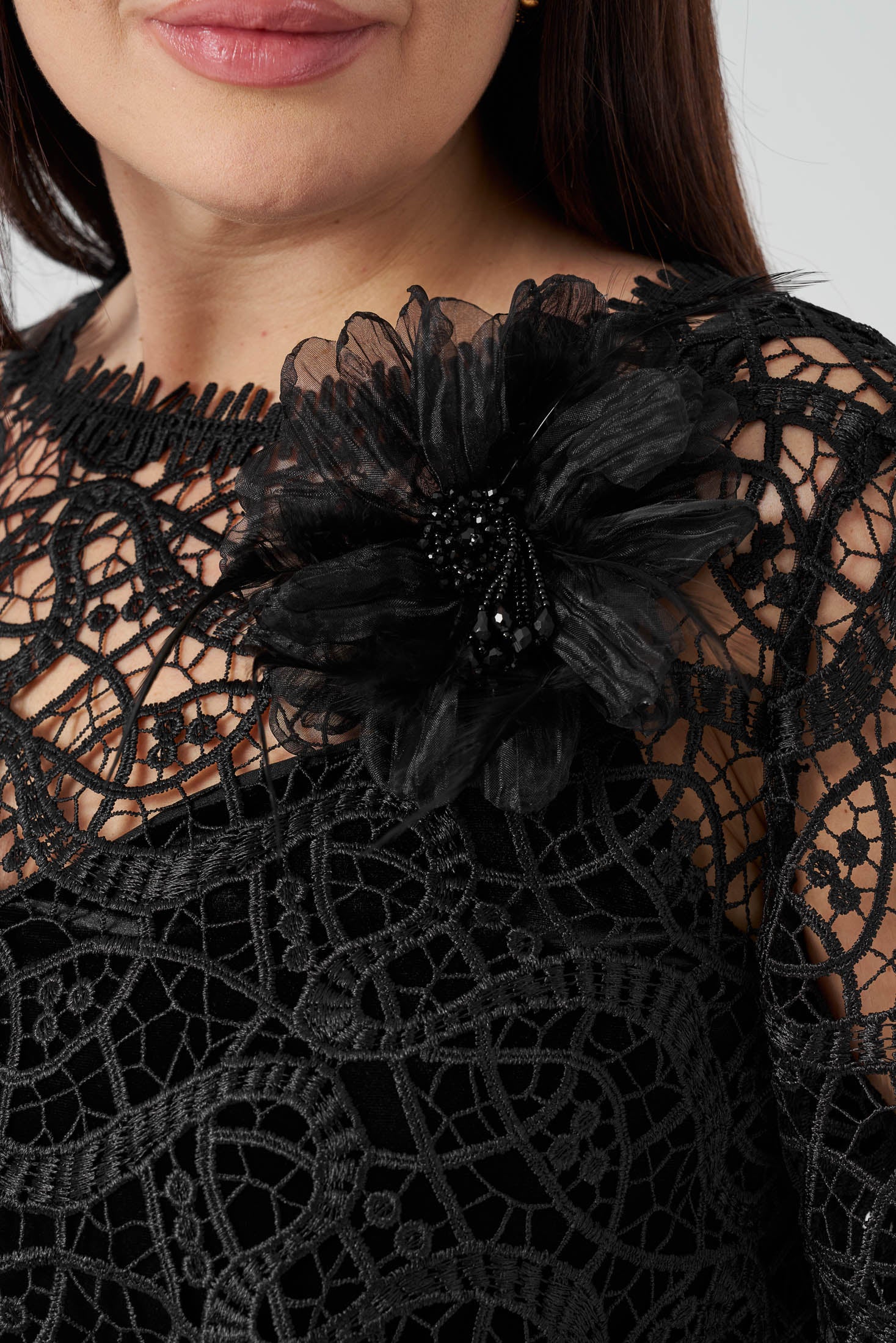 Güpür Bluzlu Kadife Elbiseli Takım Siyah