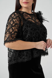 Güpür Bluzlu Kadife Elbiseli Takım Siyah