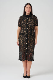 Düğme Detaylı Dantel Elbise Siyah - Ten