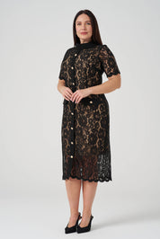 Düğme Detaylı Dantel Elbise Siyah - Ten