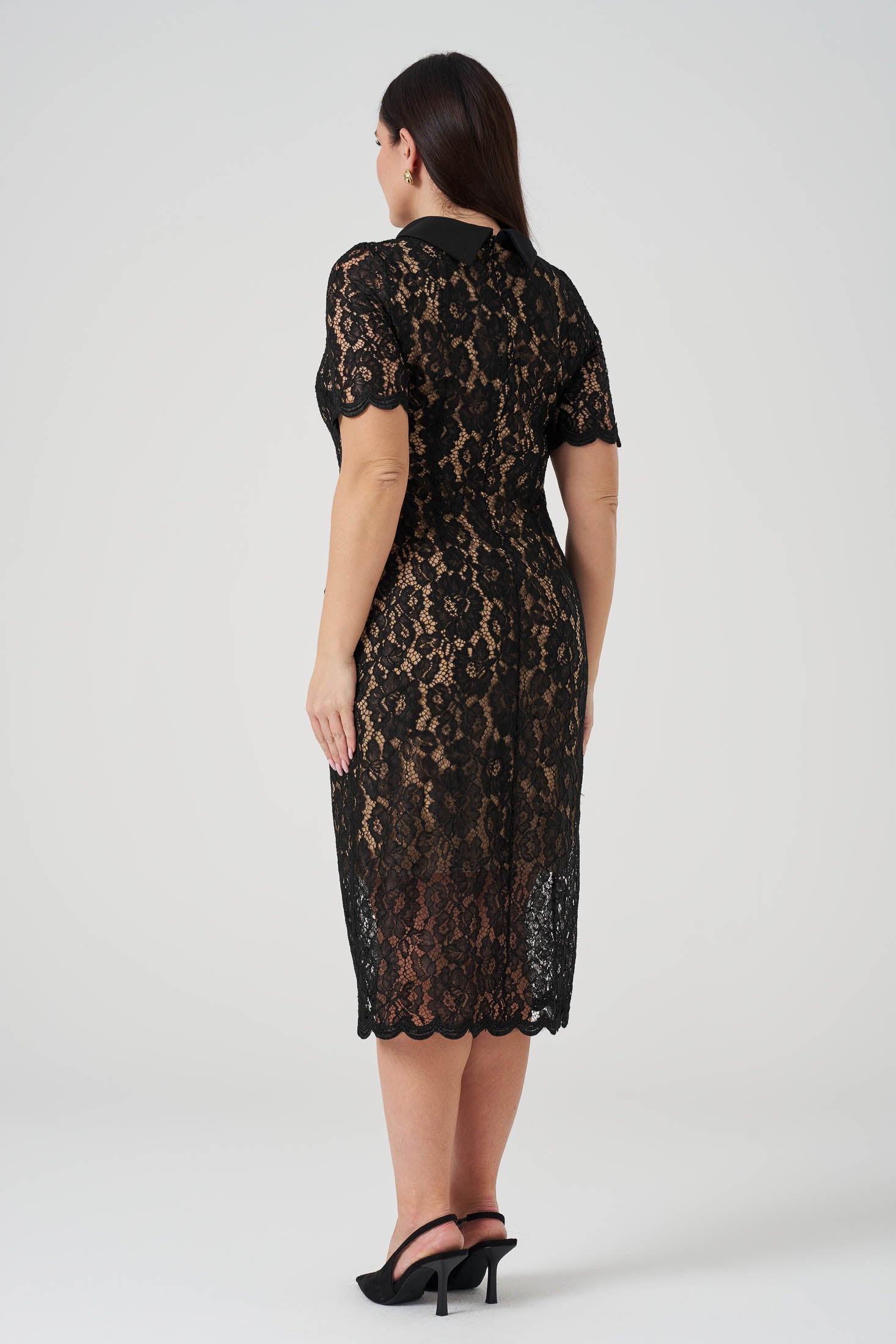 Düğme Detaylı Dantel Elbise Siyah - Ten