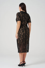 Düğme Detaylı Dantel Elbise Siyah - Ten