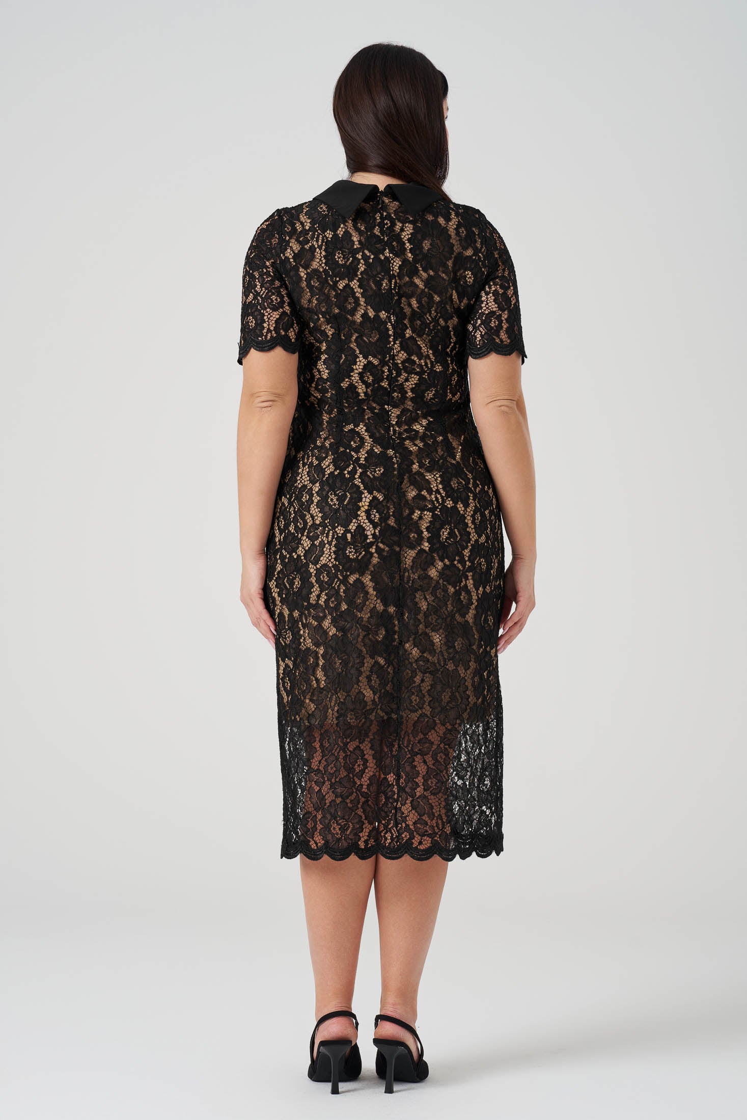 Düğme Detaylı Dantel Elbise Siyah - Ten