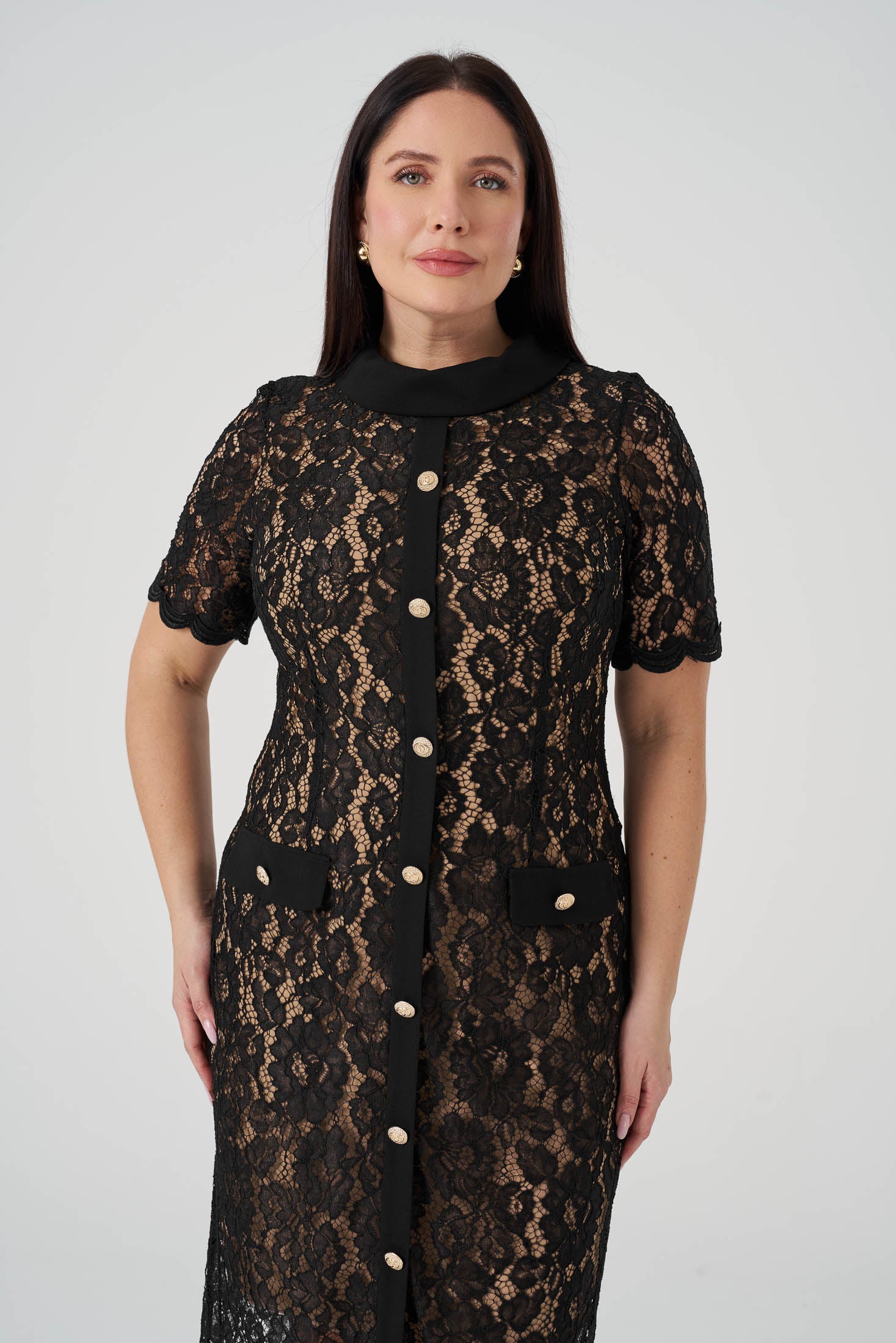 Düğme Detaylı Dantel Elbise Siyah - Ten