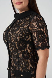 Düğme Detaylı Dantel Elbise Siyah - Ten