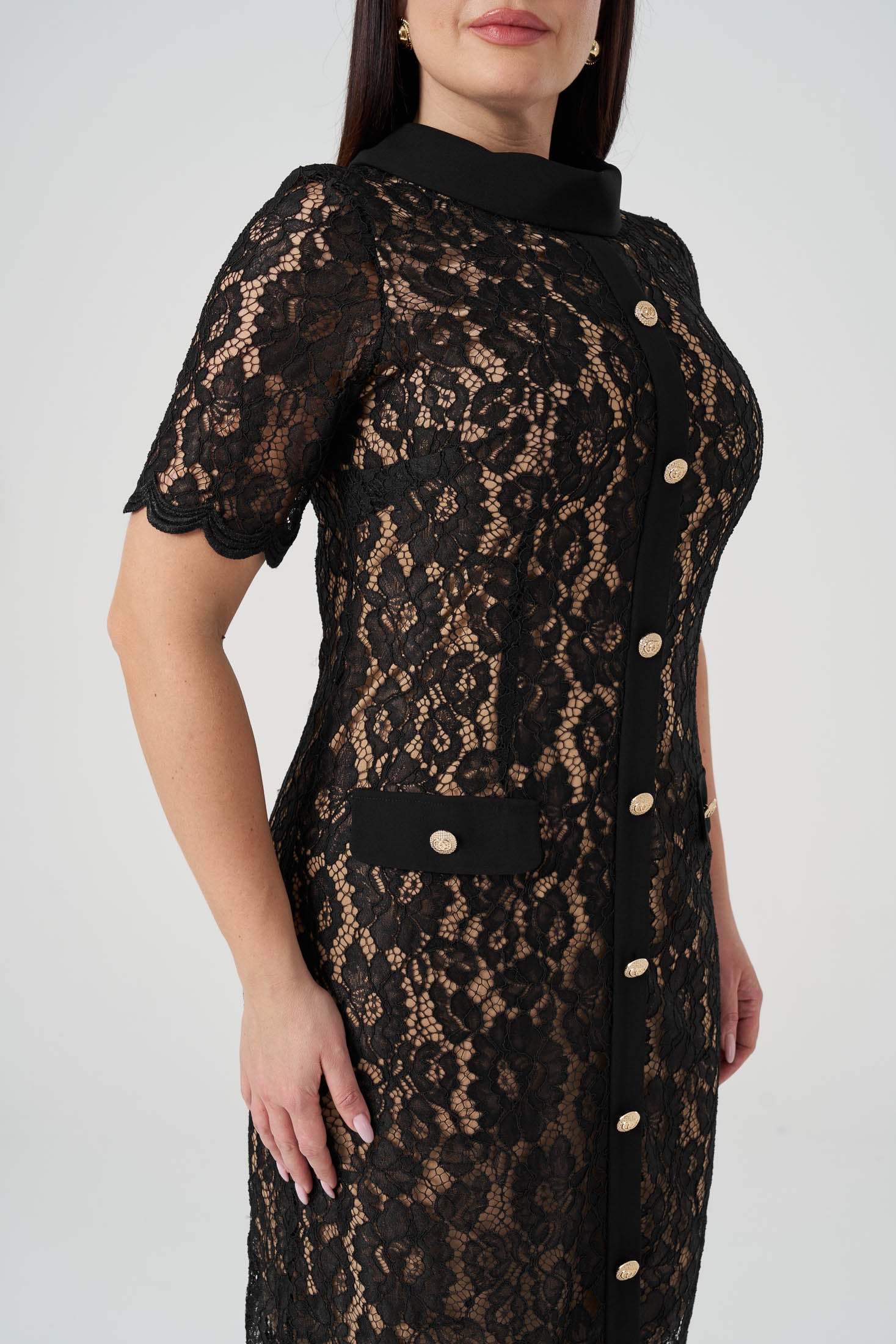 Düğme Detaylı Dantel Elbise Siyah - Ten