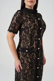 Düğme Detaylı Dantel Elbise Siyah - Ten