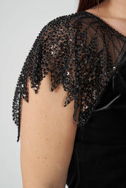 İşlemeli Kadife Abiye Elbise Siyah