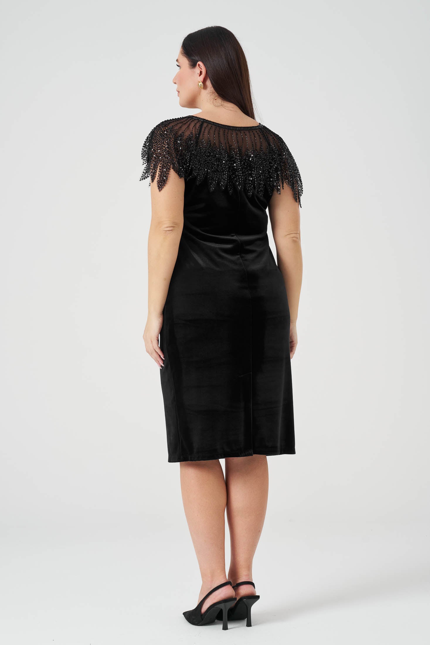 İşlemeli Kadife Abiye Elbise Siyah