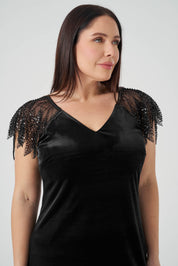 İşlemeli Kadife Abiye Elbise Siyah