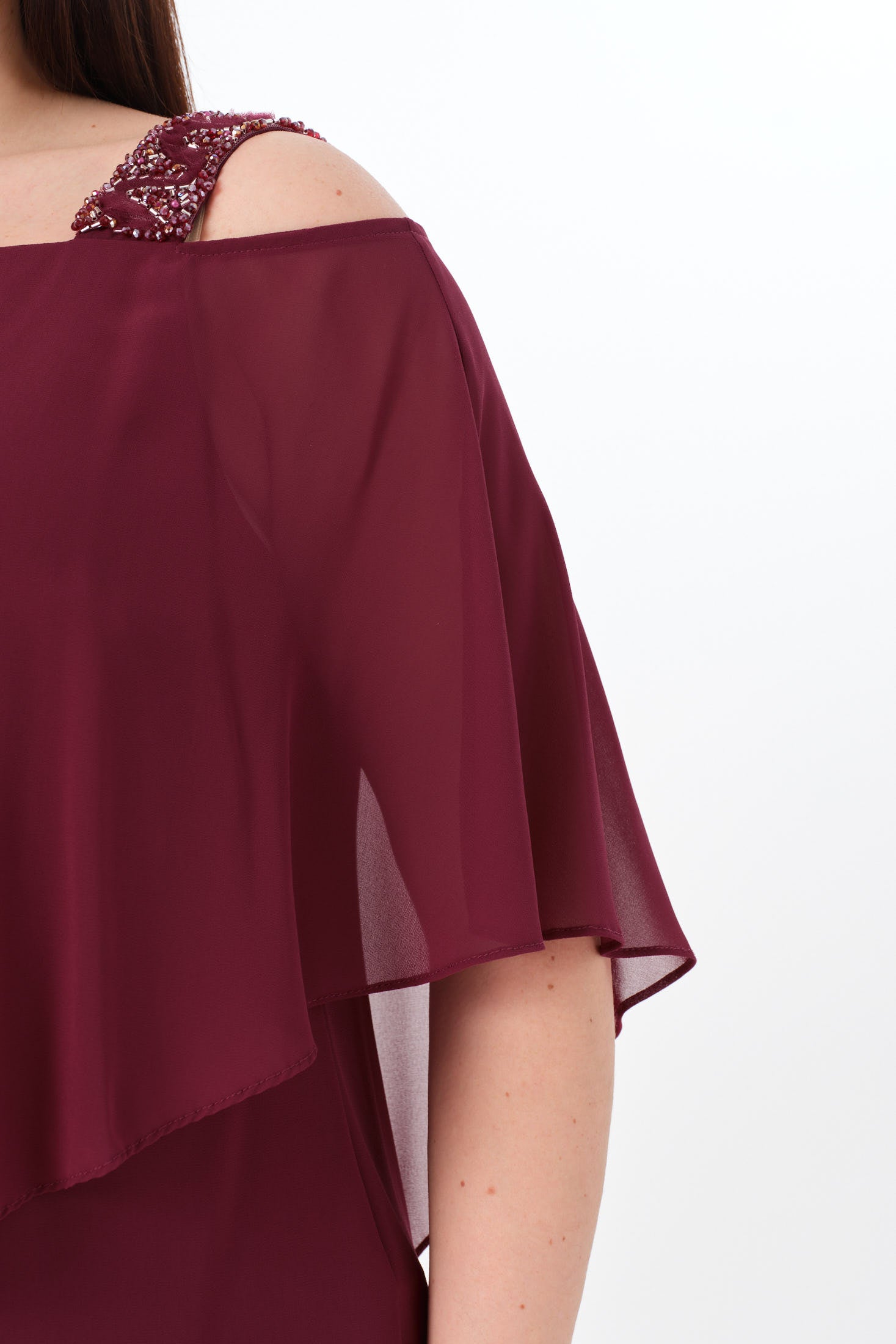 Omzu İşlemeli Abiye Takım Vişne