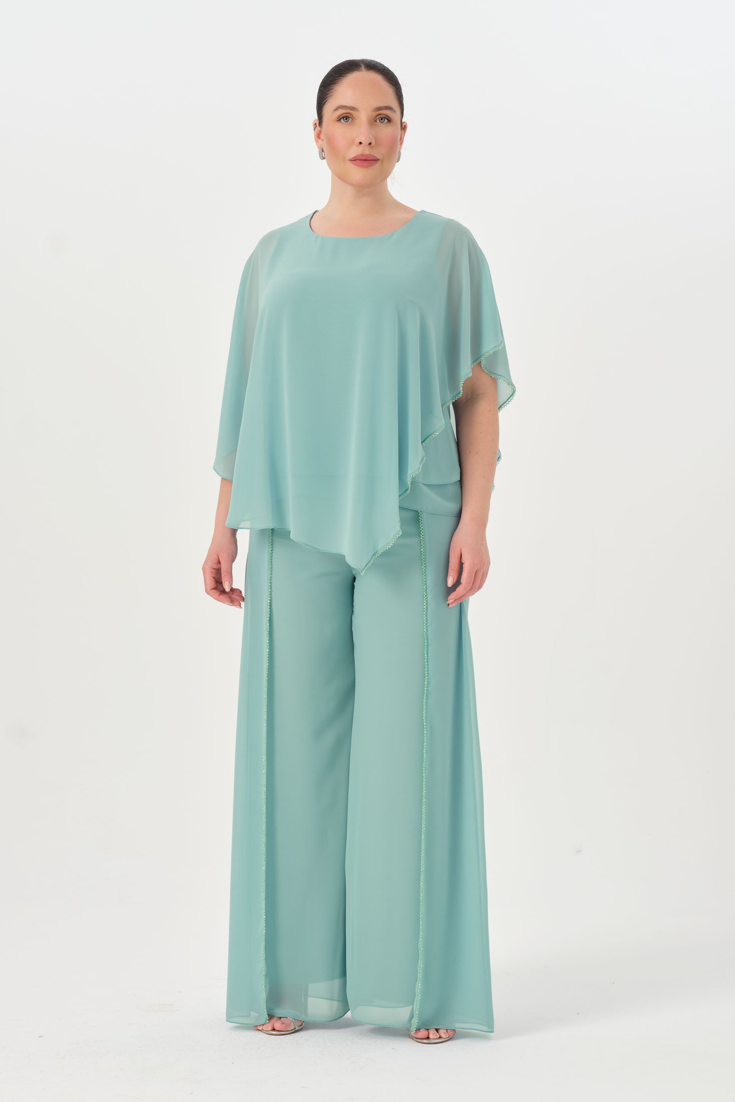 Taşlı Asimetrik Bluz Pantolon Takım Mint