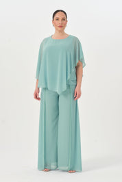 Taşlı Asimetrik Bluz Pantolon Takım Mint