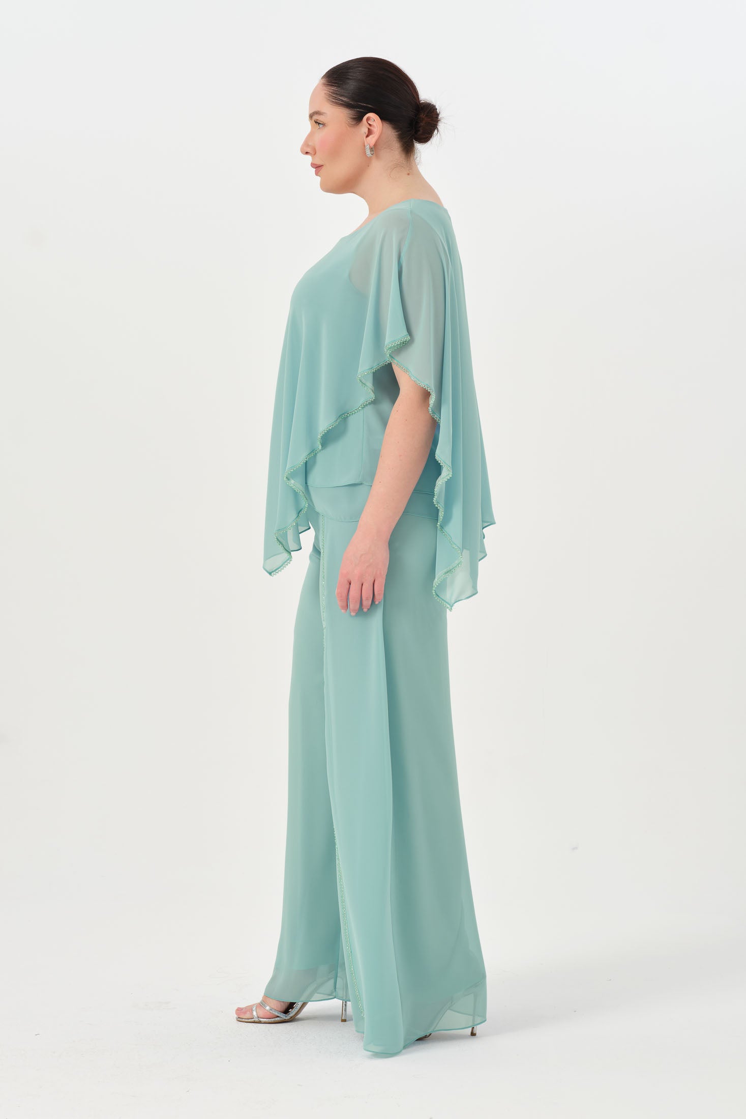 Taşlı Asimetrik Bluz Pantolon Takım Mint