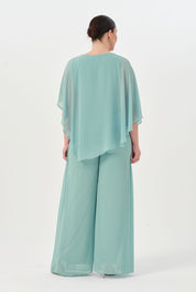 Taşlı Asimetrik Bluz Pantolon Takım Mint