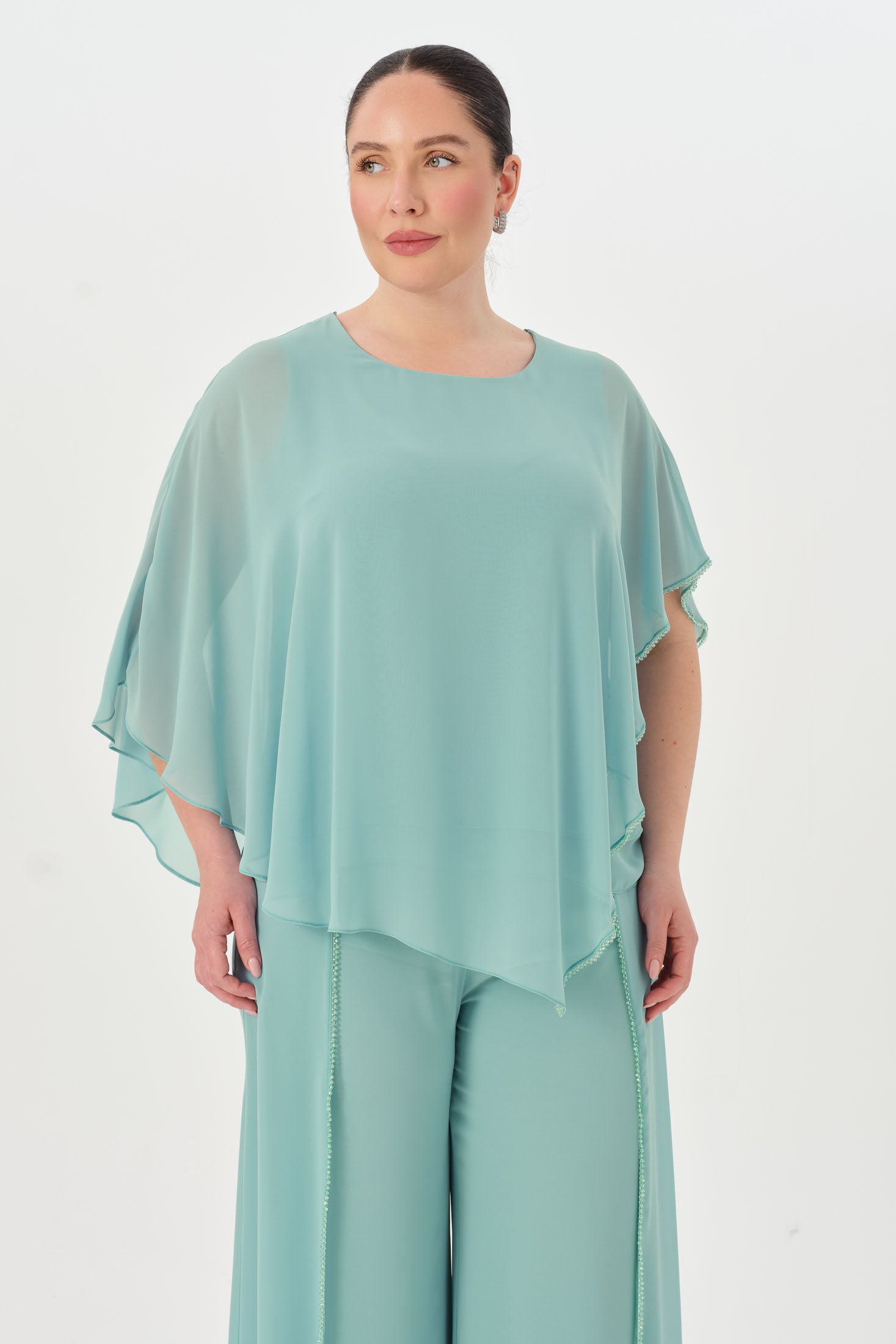 Taşlı Asimetrik Bluz Pantolon Takım Mint