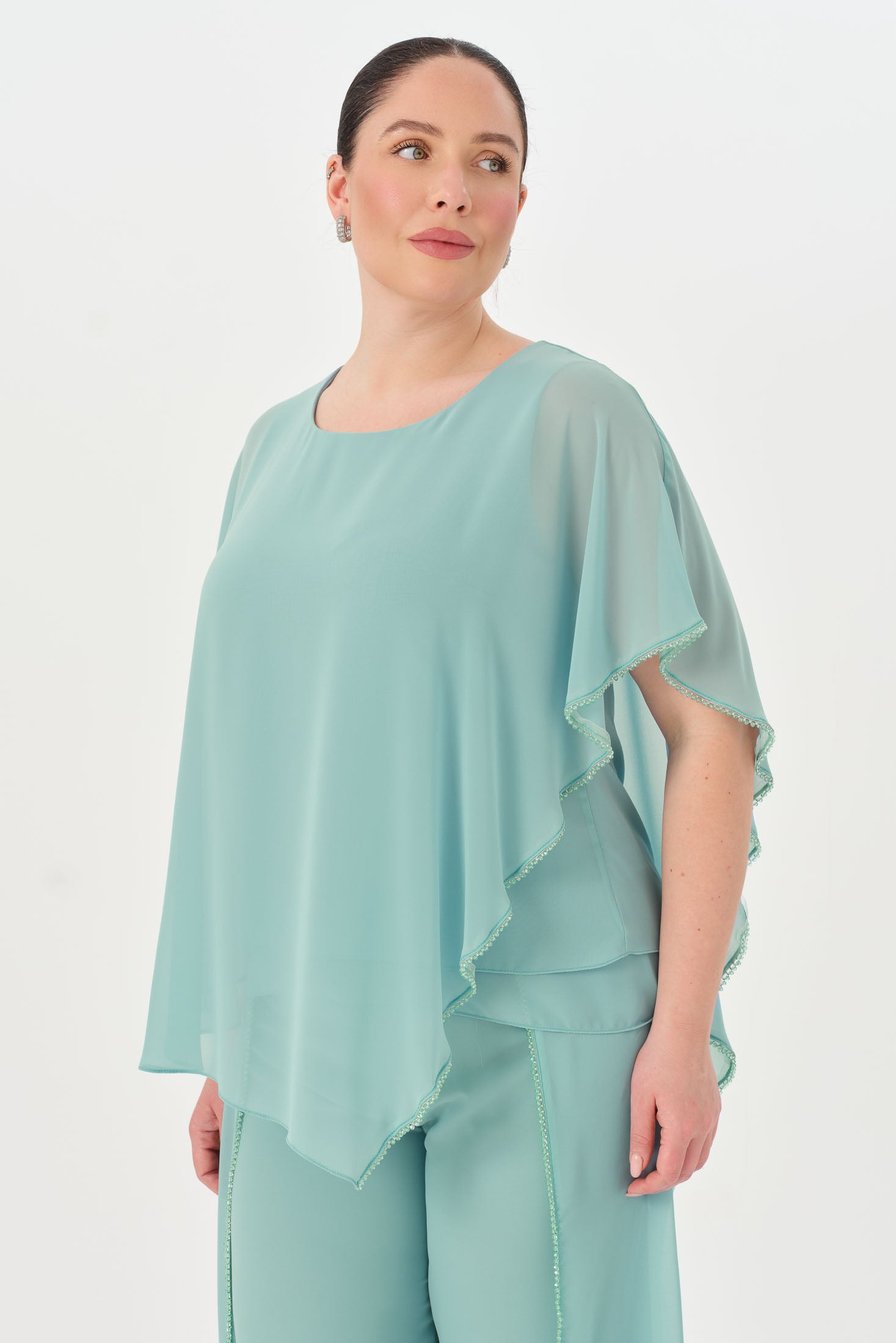 Taşlı Asimetrik Bluz Pantolon Takım Mint