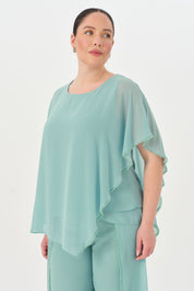 Taşlı Asimetrik Bluz Pantolon Takım Mint