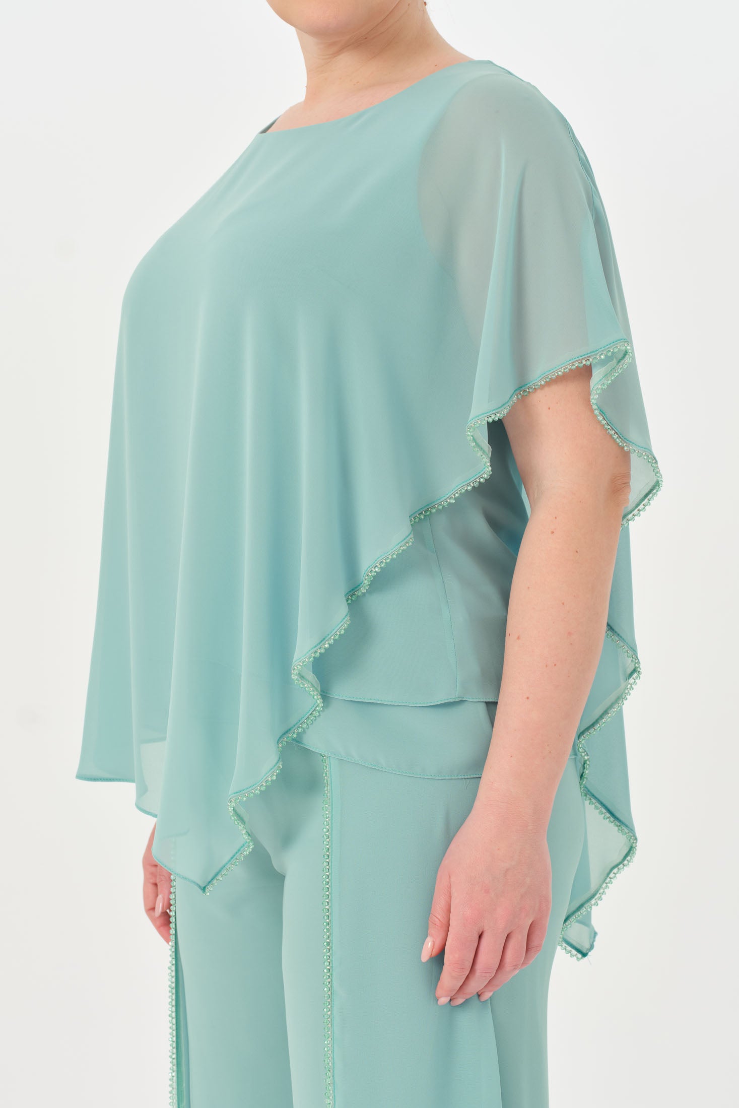 Taşlı Asimetrik Bluz Pantolon Takım Mint