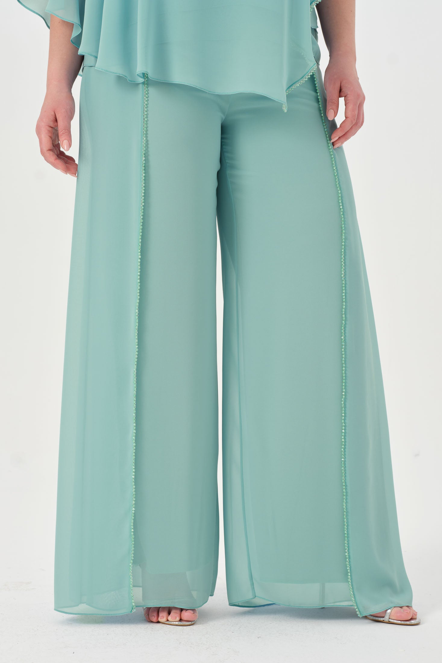 Taşlı Asimetrik Bluz Pantolon Takım Mint