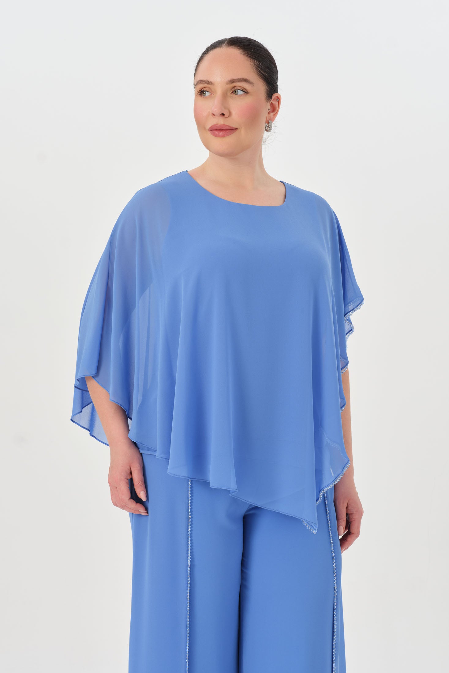 Taşlı Asimetrik Bluz Pantolon Takım Hava Mavisi