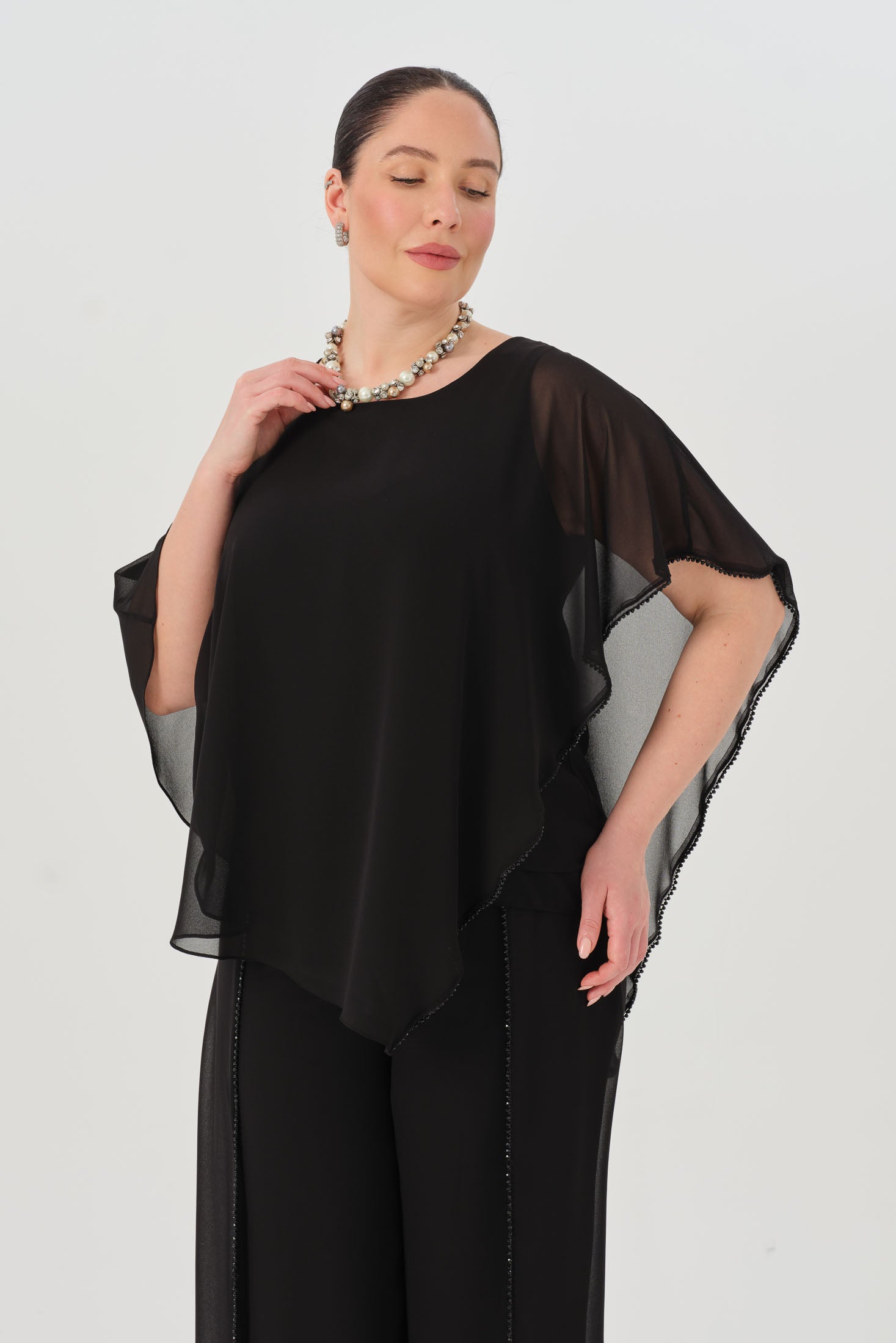 Taşlı Asimetrik Bluz Pantolon Takım Siyah