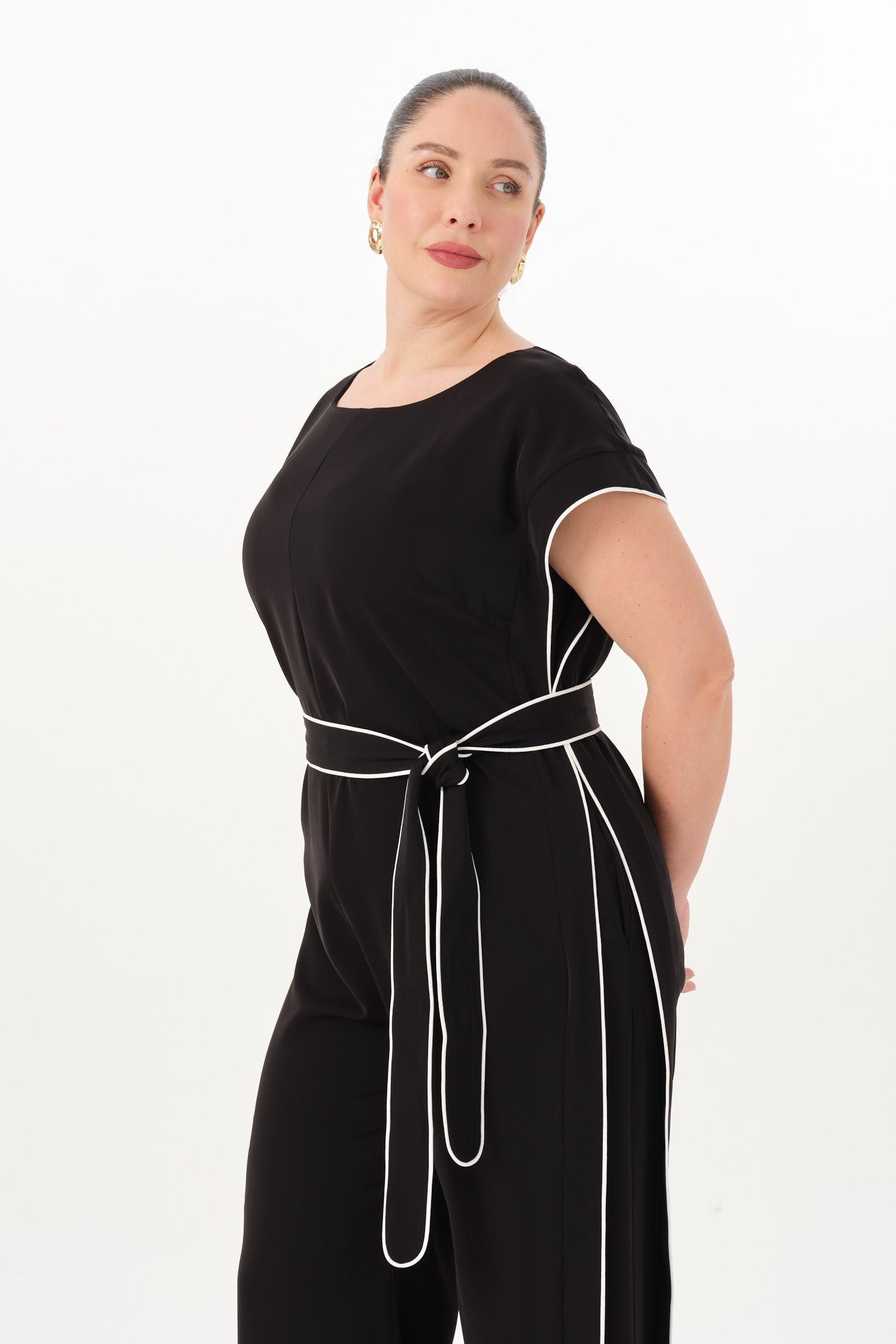 Kontrast Biyeli Tulum Siyah