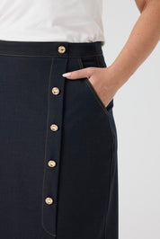 Düğme Detaylı Likralı Kot Etek Lacivert