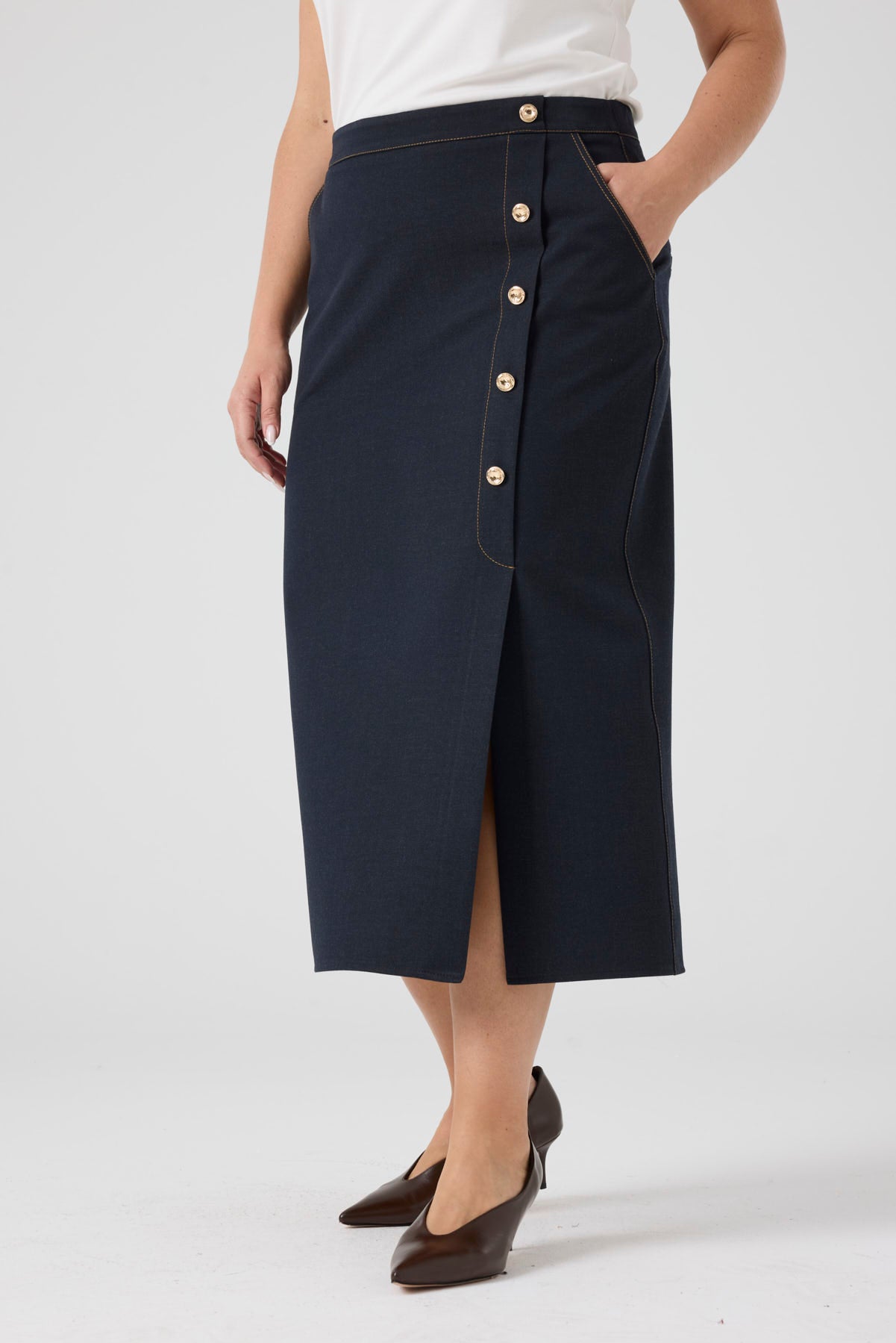 Düğme Detaylı Likralı Kot Etek Lacivert