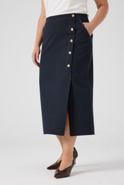 Düğme Detaylı Likralı Kot Etek Lacivert