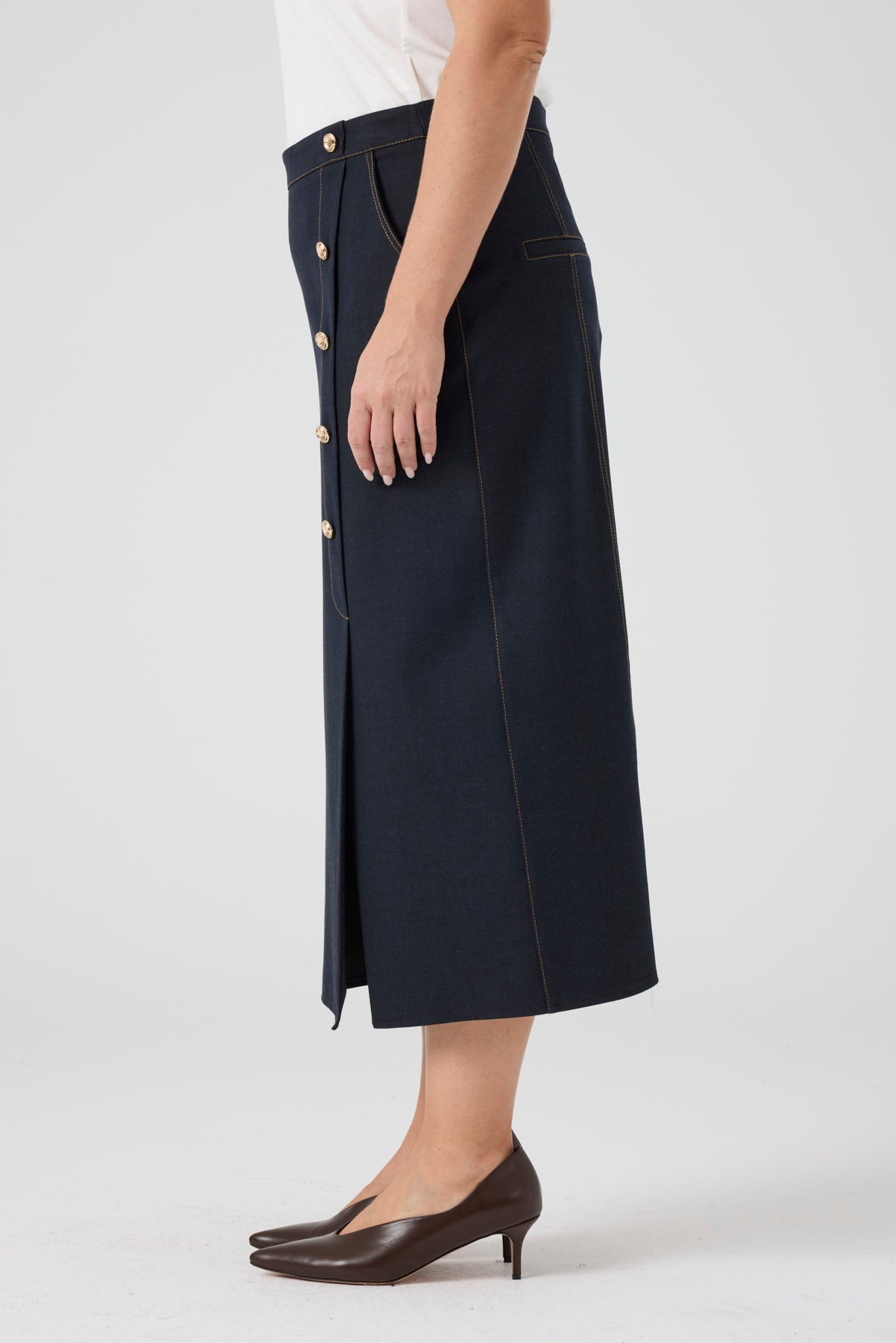 Düğme Detaylı Likralı Kot Etek Lacivert