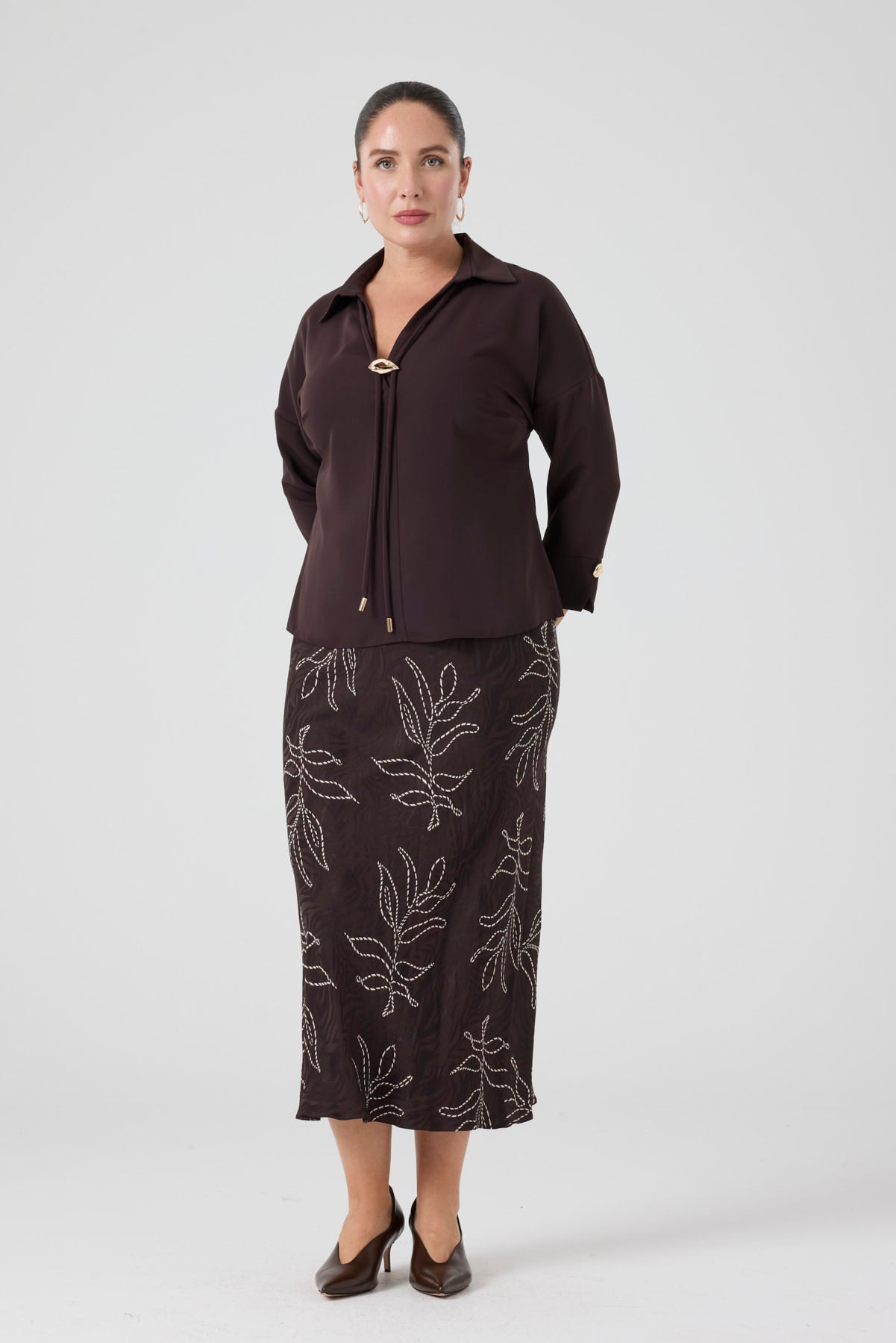 Jakarlı Viskon Verev Etek Kahve