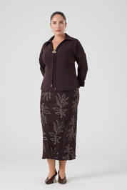 Jakarlı Viskon Verev Etek Kahve