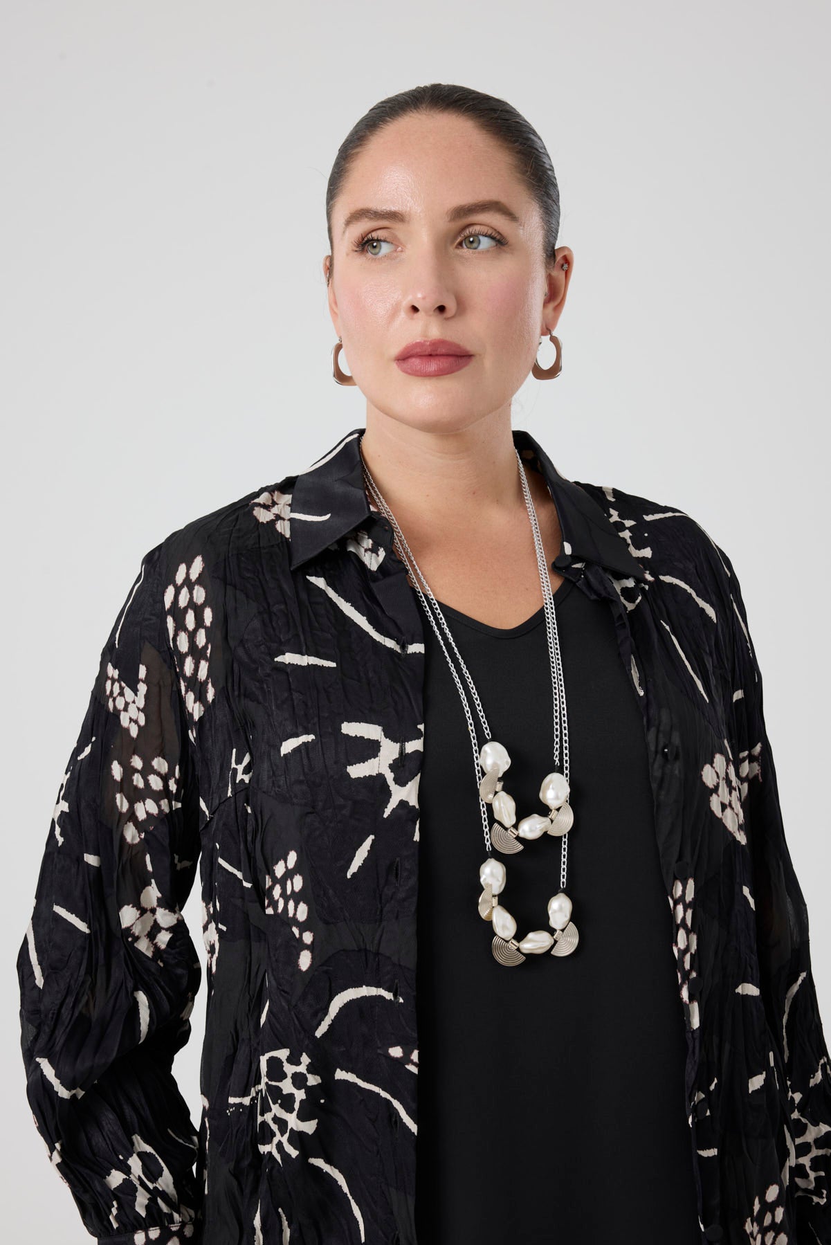 Jakarlı Gömlek - Bluz Pantolon Takım Siyah