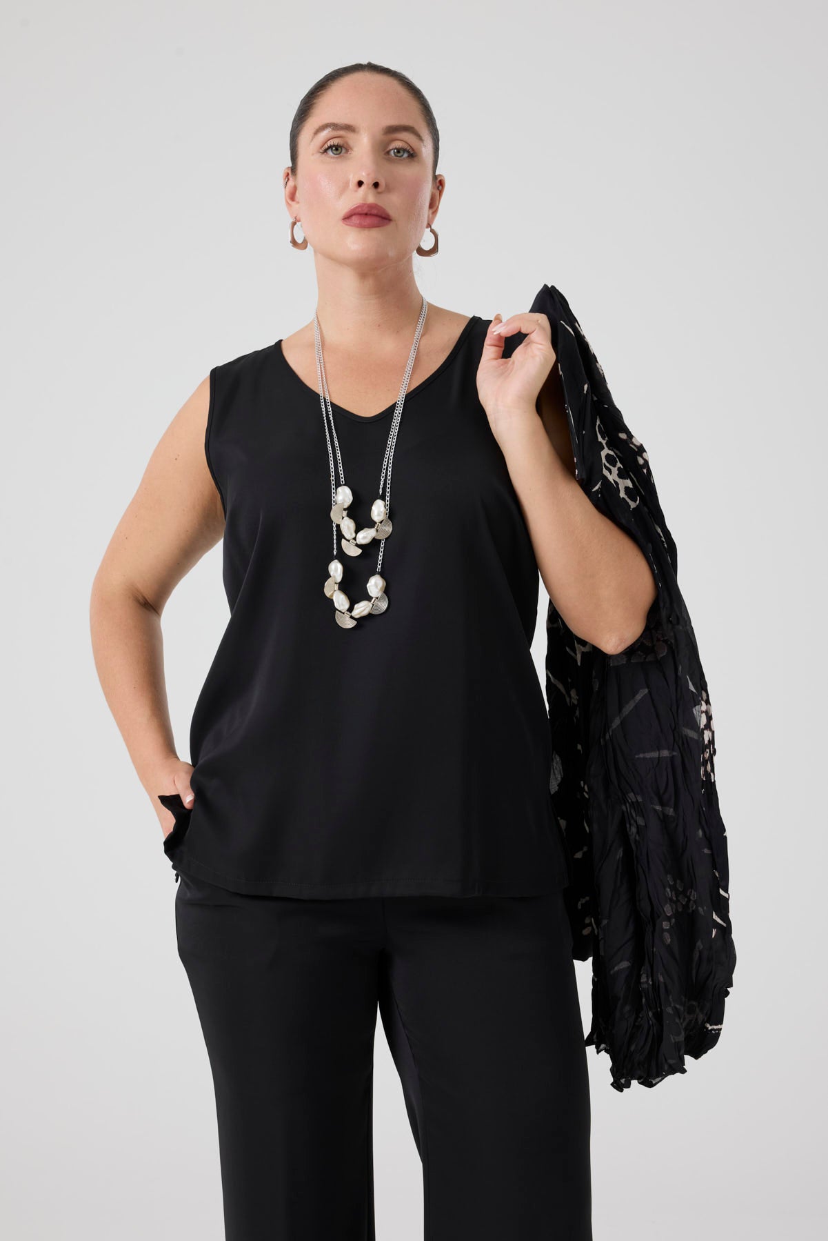 Jakarlı Gömlek - Bluz Pantolon Takım Siyah