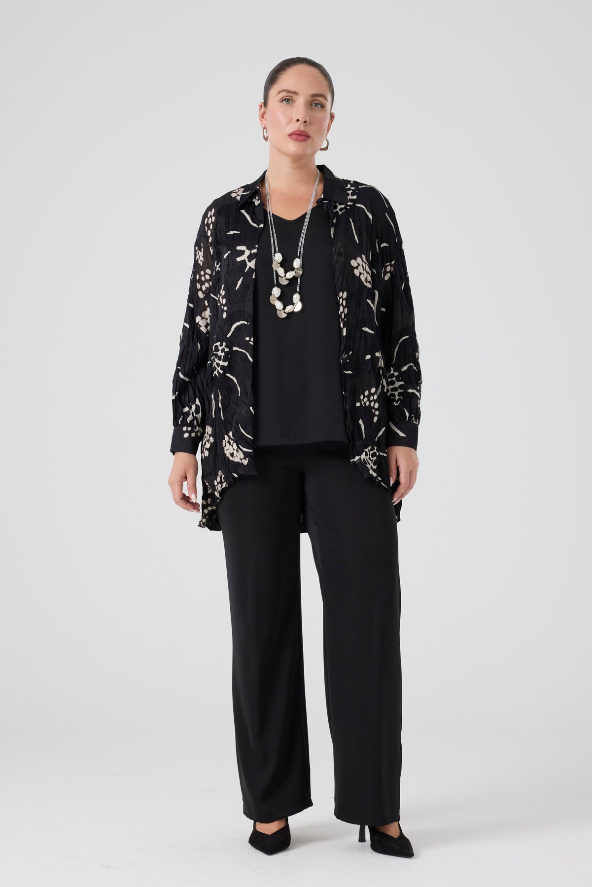 Jakarlı Gömlek - Bluz Pantolon Takım Siyah