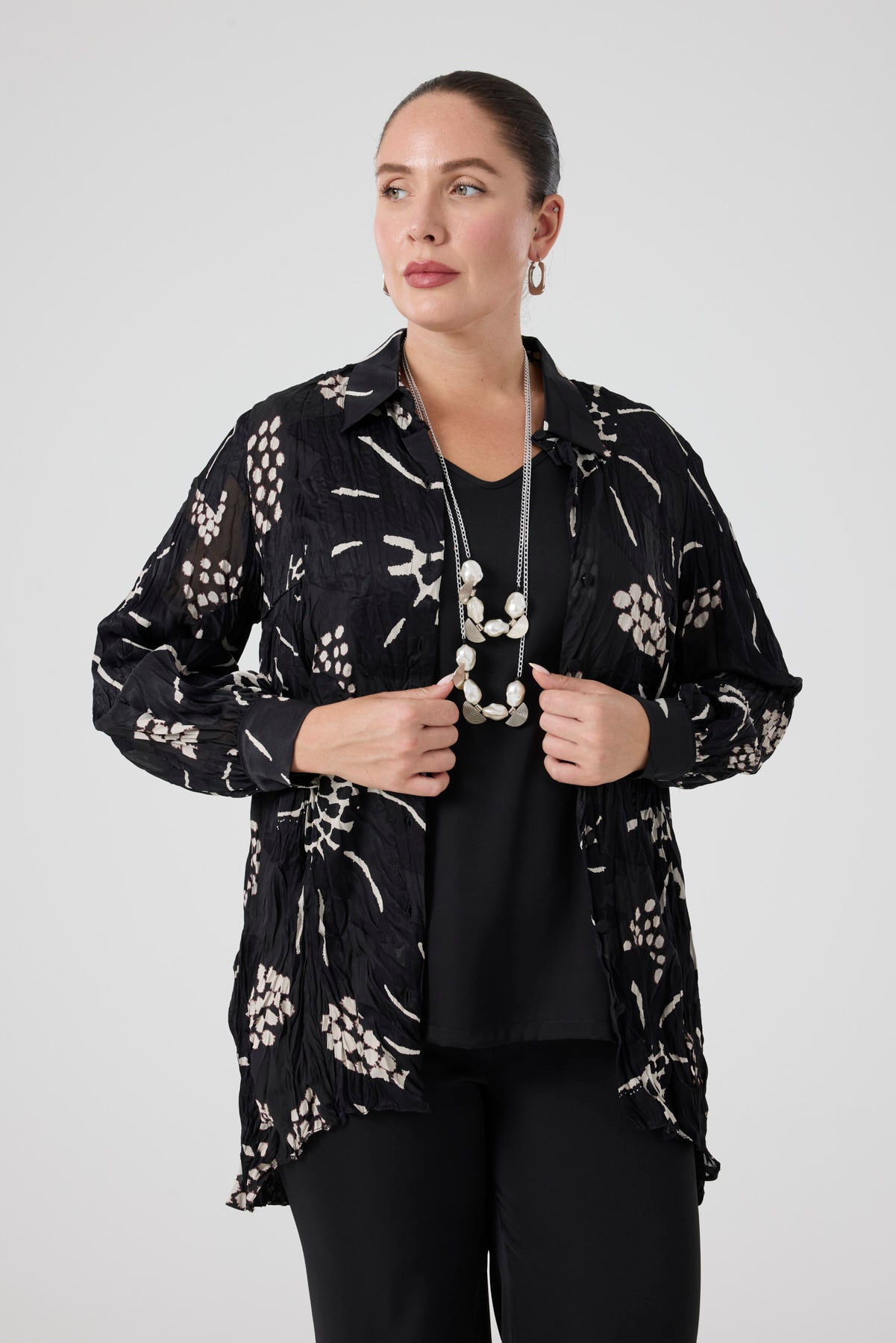 Jakarlı Gömlek - Bluz Pantolon Takım Siyah