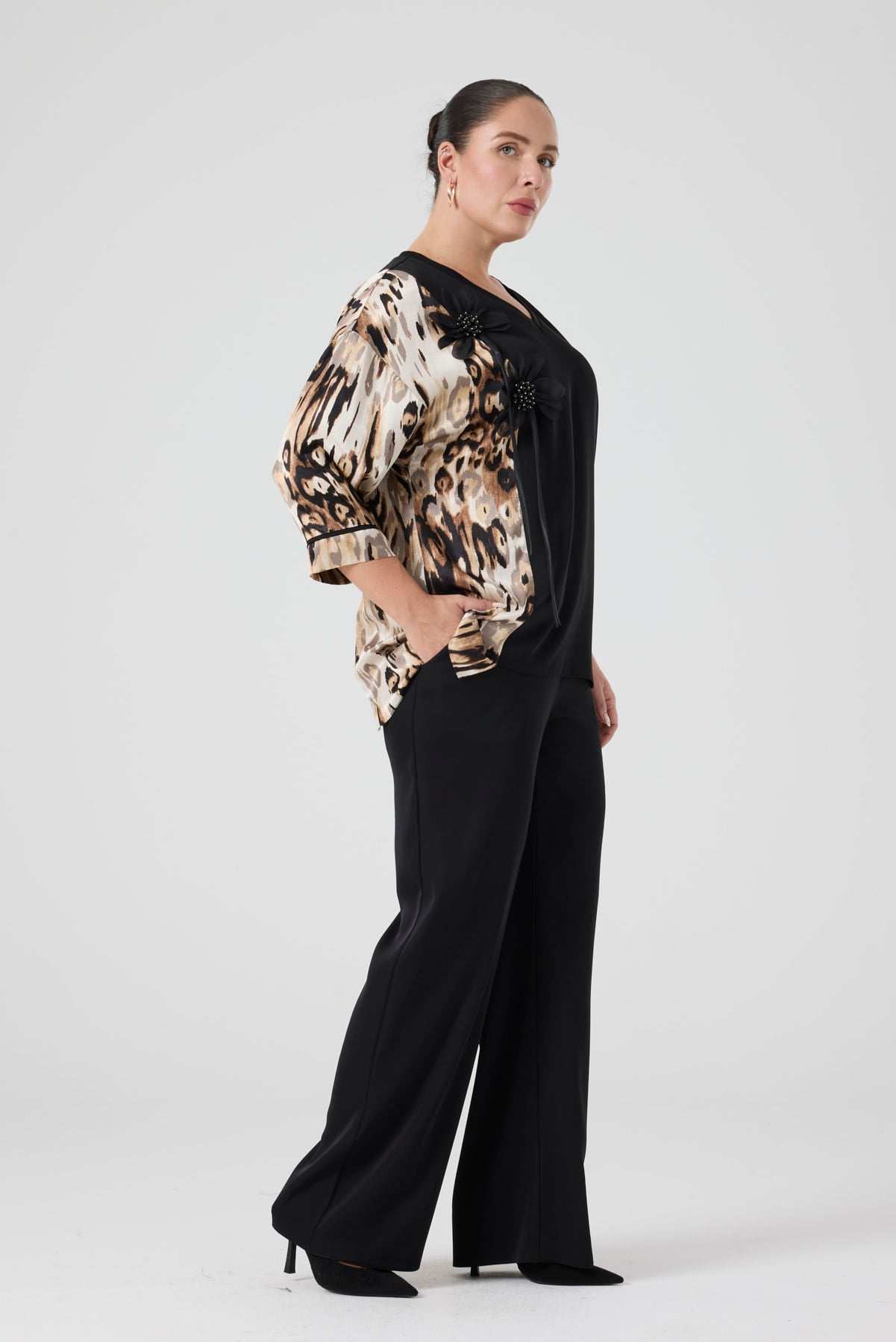 Leopar Garnili Bluz Pantolon Takım Siyah