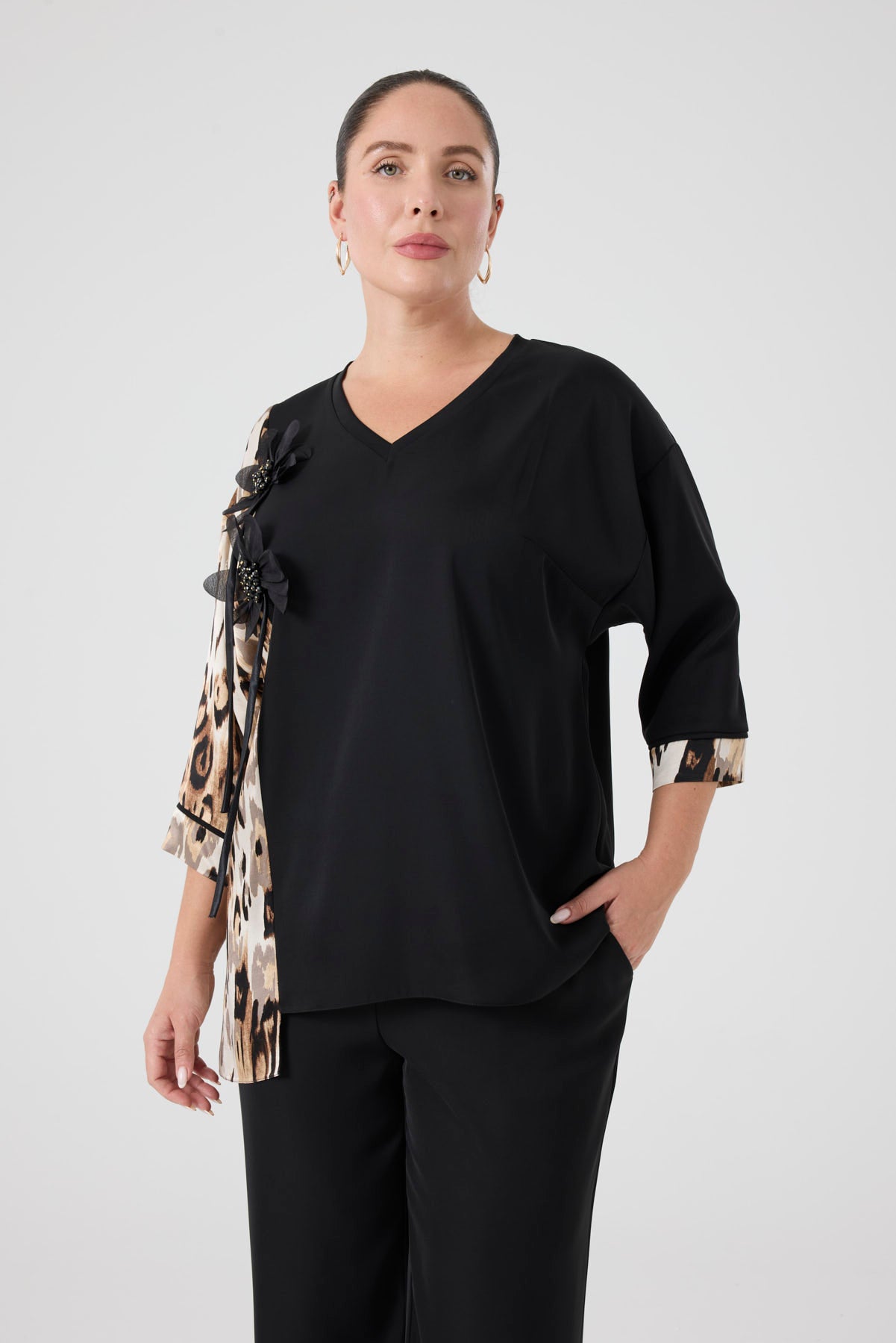 Leopar Garnili Bluz Pantolon Takım Siyah