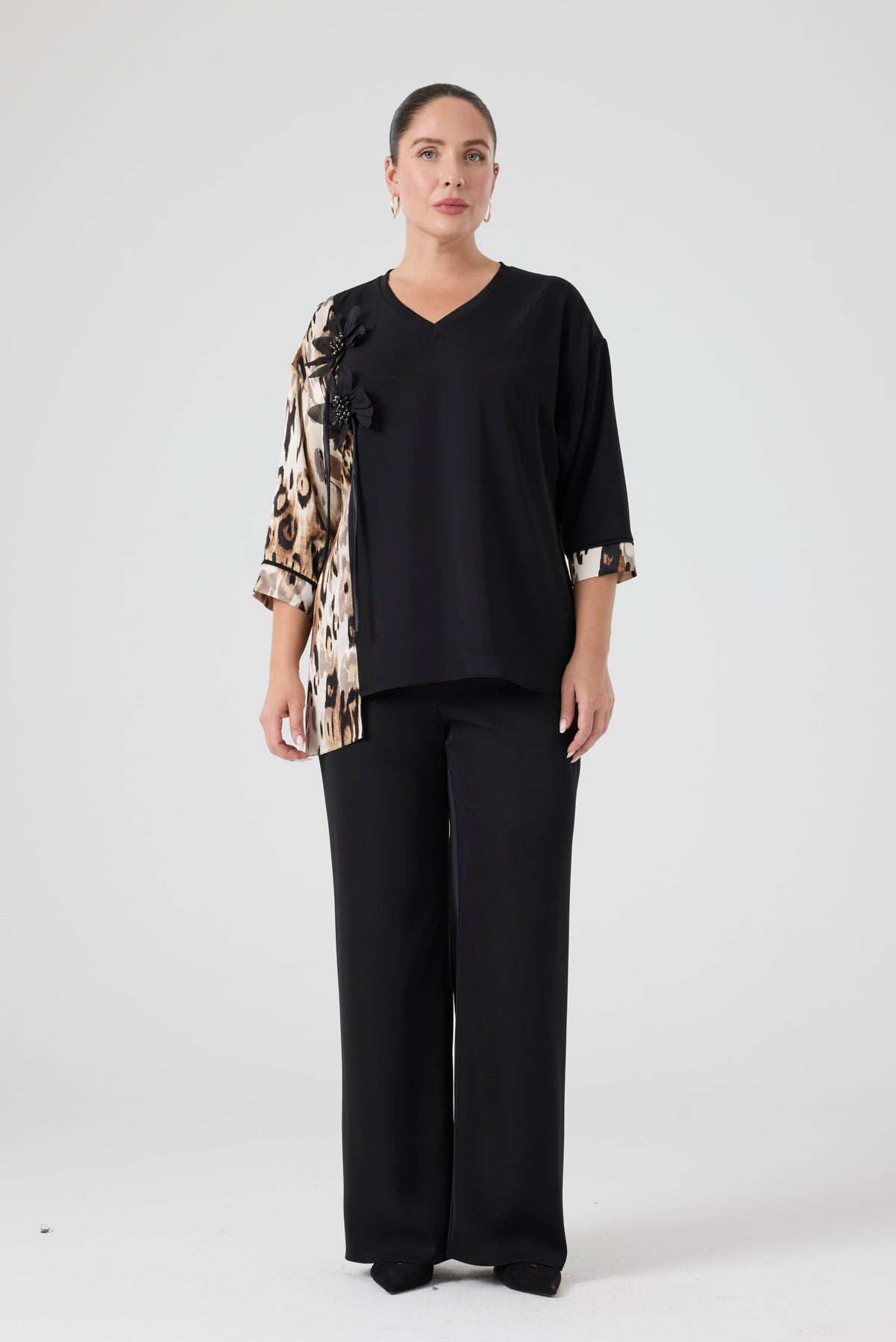 Leopar Garnili Bluz Pantolon Takım Siyah