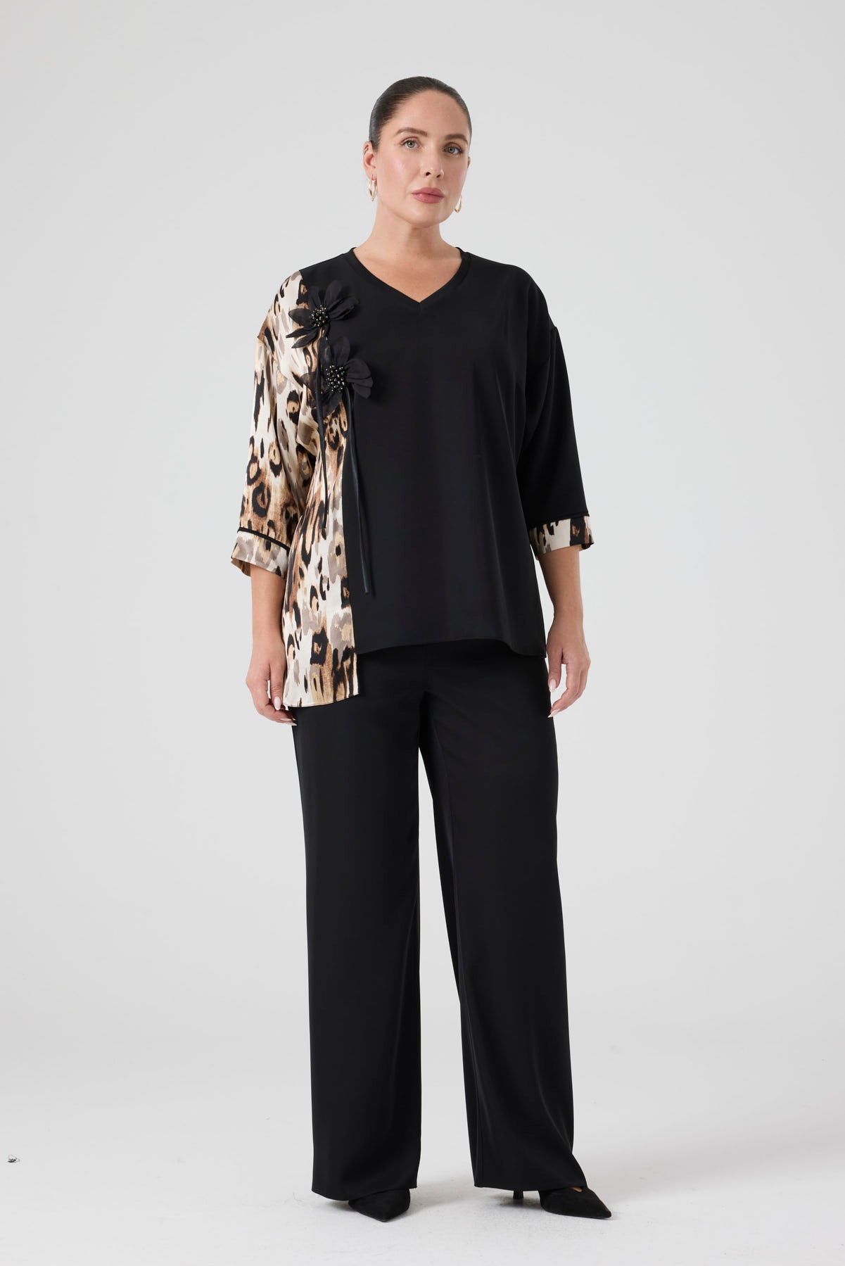 Leopar Garnili Bluz Pantolon Takım Siyah